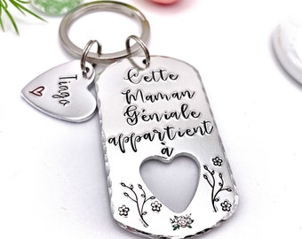 Hand Stamped Maman Formidable, Personalised Message French Keyring, Keychain Maman, Cadeau Maman