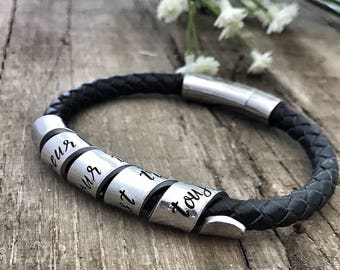 Stamped Secret Message Leather Bracelet, Mens Scroll Bracelet, Mens Leather Bracelet, Father's Day Gift