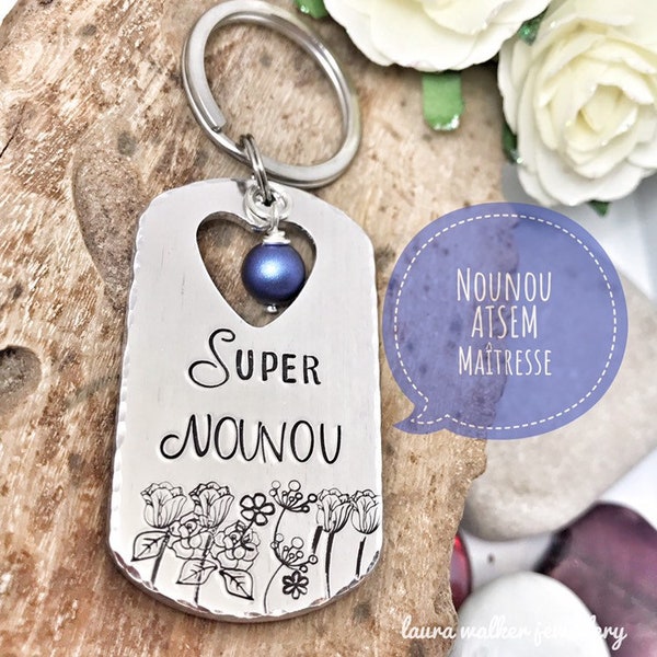 Hand Stamped Nounou Gift, French Nounou, Keychain Nounou