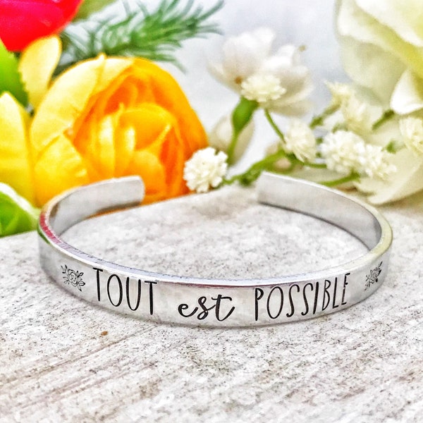 Tout est Possible, Manchette Argent Inspirant, Bracelet Jonc Citation, Manchette Motivation, Manchette Femme