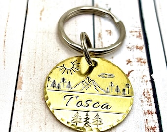 Custom Brass Dog Tag, Mountain Scene Dog Tag