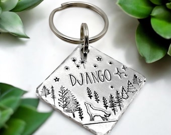 Custom Dog Medal - Pet Name Tag - Wolf Dog Tag with Mountains