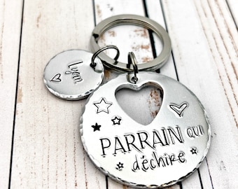Hand Stamped French Keyring, French Godfather Keychain, Gift Idea Parrain