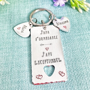 Hand Stamped Personalised French Message Keyring, Dad Husband Papa Papi, Father&#39;s Day