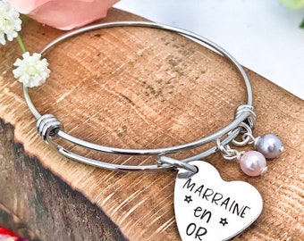 Hand Stamped French Marraine Bracelet, Expandable Stamped Charm Bracelet, Cadeau Marraine