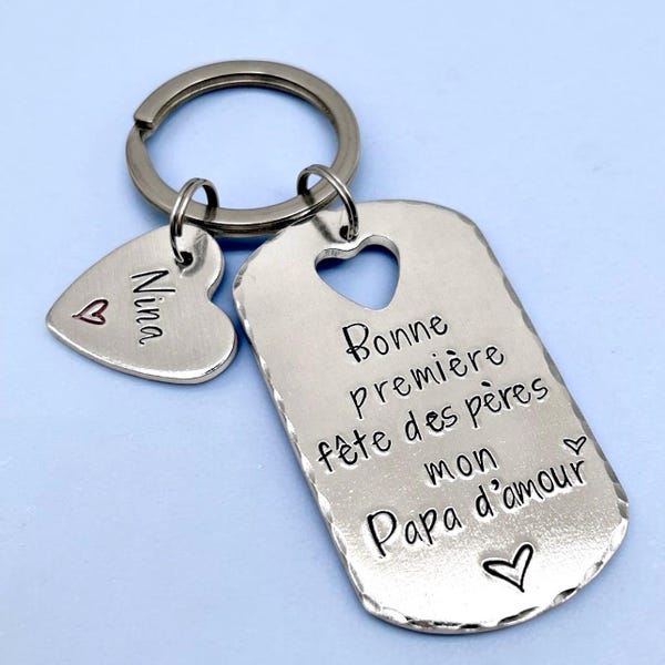 French First Father's Day Keychain, Hand Stamped Personalised French Message Keyring for Papa