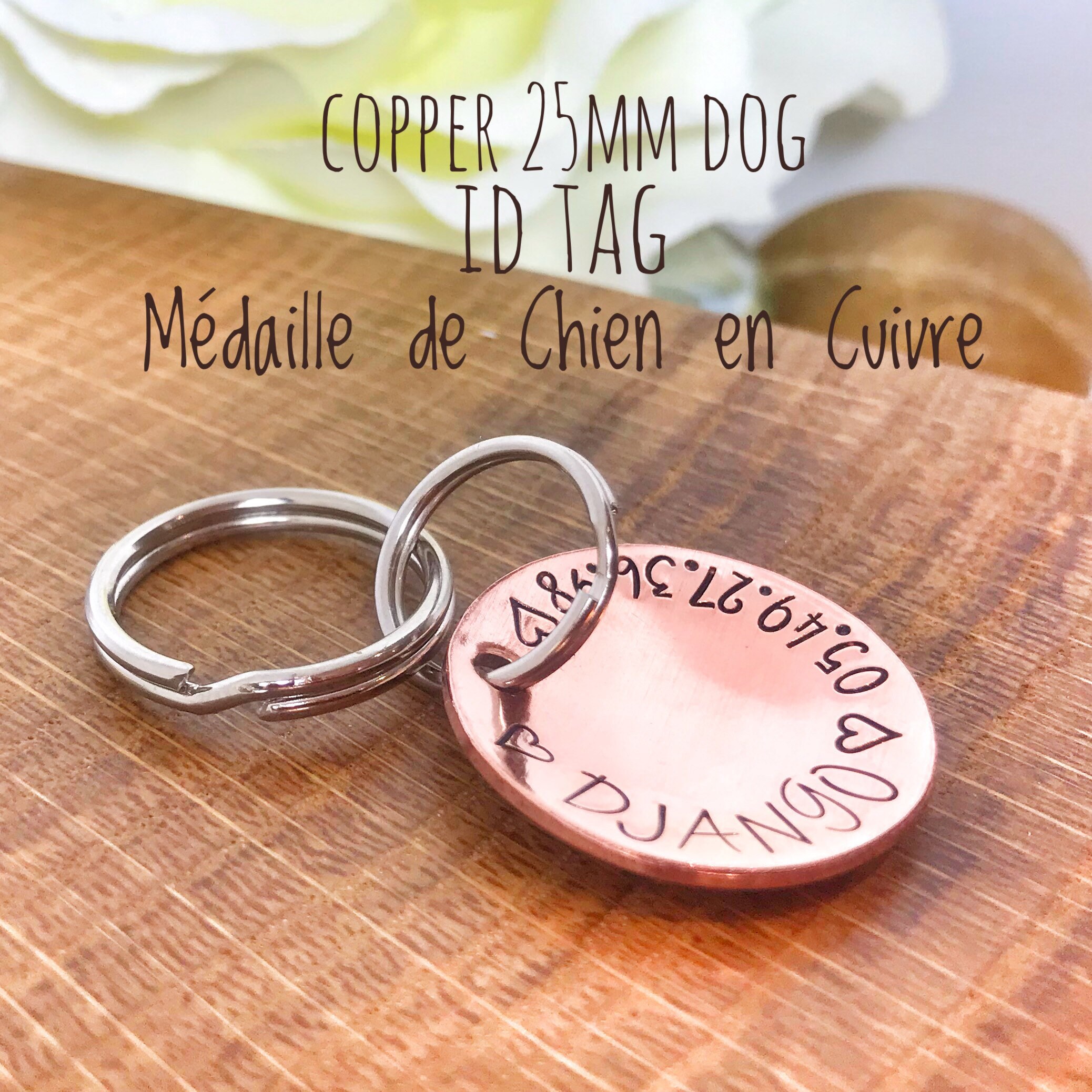 Médaillon d'identité Chien, Médaillon Personnalisé, Médaille Chien Cuivre, Gravure Identité Coeur en