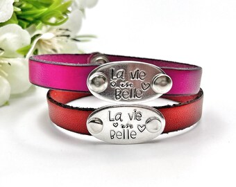 Leather Bracelet – “La vie est belle” – Engraved Inspirational Quote
