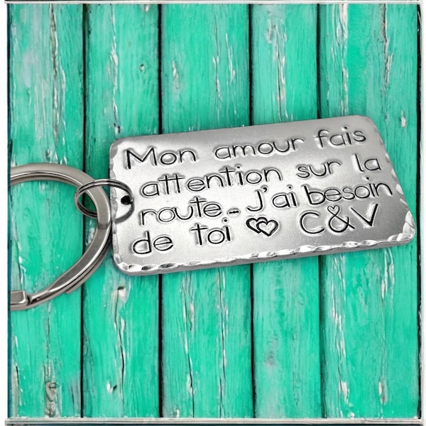 Personalised Message French Keyring, French Take Care on the Road Keychain