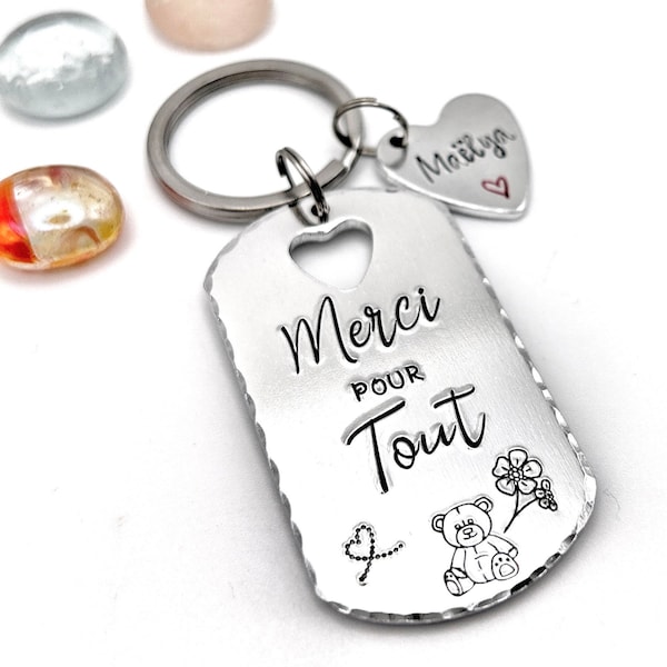 Hand Stamped Merci Gift, Thank you gift French, Custom Keychain