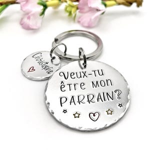Parrain Porte Clé, Hand Stamped Veux-tu être mon Parrain?, French Keyring for Godfather, Demande Parrain