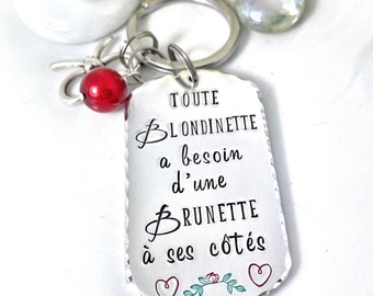 Hand Stamped Personalised French Message Best Friend Keyring, Meilleure Amie