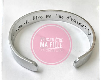 French Personalised Cuff Bangle, Custom Metal Bangle, Hand Stamped Message Bangle, Fille d'Honneur