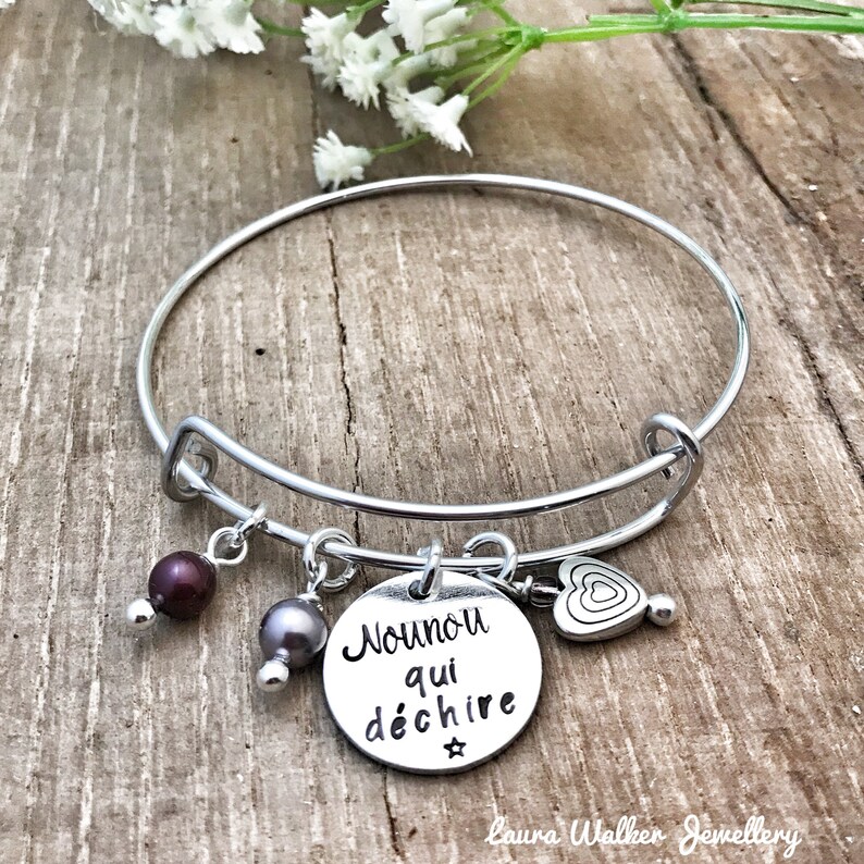 Hand Stamped Personalised French Bracelet, Present End of Term Nounou image 1