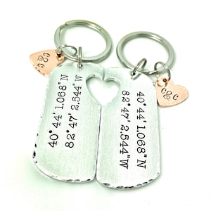 Couples Co-ordinates Keychains, Valentines Keychains, GPS Copper Keyring Keychain, Longitude Latitude Copper Keychain, Copper Anniversary