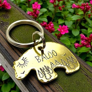 Bear Dog Tag | Hand-Stamped Forest Scene Pet ID Tag | Aluminum, Copper, Brass | Unique Nature-Inspired Pet Accessory