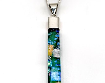 Sterling Silver & Fused Glass Pendant Necklace – Emerald Green - Blue - Anniversary Gift Idea Wife
