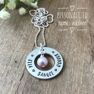 Personalised Name Washer, Personalized Children&#39;s Name Necklace, Custom Name Necklace, Grandchildren&#39;s Name Necklace