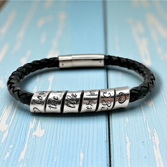 Braccialetto Personalizzabile Bracciale Uomo Personalizzato In Pelle - Regalo Festa Del Pap&agrave; Con Incisione Nomi Figli, Acciaio E Pelle Bracciale Uomo Personalizzabile