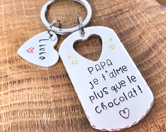 Hand Stamped Personalised French Message Keyring, Dad Husband Papa, Father's Day