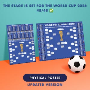May include: Two blue World Cup 2026 wall charts with a soccer ball. The charts have a gold trophy graphic and the text "WORLD CUP 2026 WALL CHART". The text "PHYSICAL POSTER" and "UPDATED VERSION" are also visible.