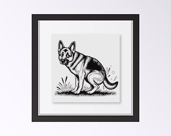 German Shepherd Dog Pooping Black and White Unframed Art Print