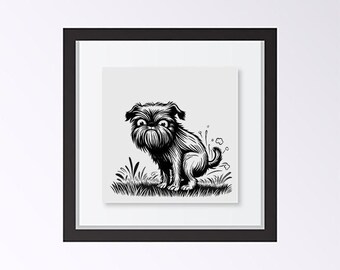 Brussels Griffon Dog Pooping Black and White Unframed Art Print