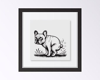 French Bulldog Pooping Black and White Unframed Art Print