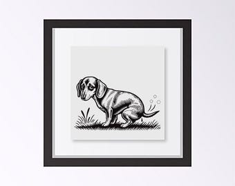Dachshund Dog Pooping Black and White Unframed Art Print