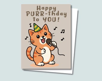 Happy Purr-thday Singing Cat Birthday Card — Hand-Drawn Greeting Card