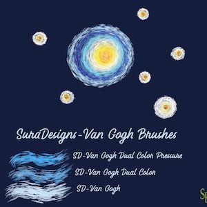 Op de afbeelding: Een set digitale kwasten geïnspireerd door de stijl van Vincent van Gogh. De kwasten zijn ontworpen om draaiende, textuurrijke streken te creëren, vergelijkbaar met die in van Goghs beroemde schilderijen. De kwasten zijn verkrijgbaar in drie stijlen: SD-Van Gogh, SD-Van Gogh Dual Color en SD-Van Gogh Dual Color Pressure.