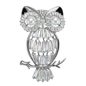Cubic Zirconia Crystal Silver Owl Brooch Pin with Pearly Eyes