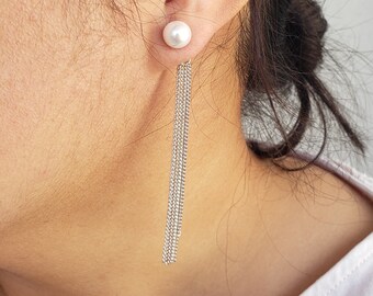 Ear jacket pearl with chain earring / front back earring