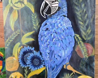 Blue Majesty Among Trees - Original Oil Acrylic Parrot Painting on Canvas Unframed Artwork