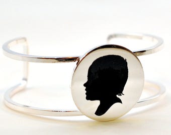 Bangle Bracelet with Custom Silhouette Portrait in Silver; Perfect Mother's Day Gift; Silhouette Jewelry