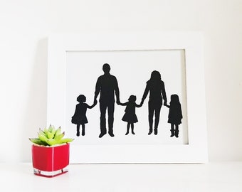 8x10 Custom Traditional Silhouette Portrait of 4-5 Full Body Child and/or Adult; Choose from 23 Colors of Card Stock Paper