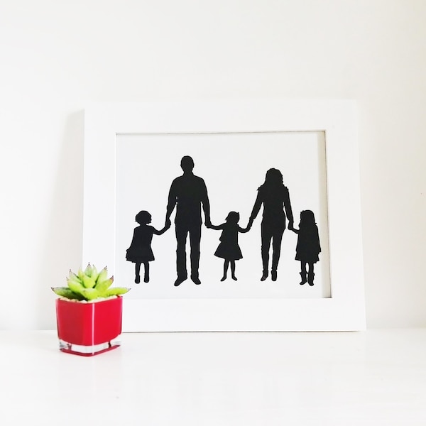 8x10 Custom Traditional Silhouette Portrait of 4-5 Full Body Child and/or Adult; Choose from 23 Colors of Card Stock Paper