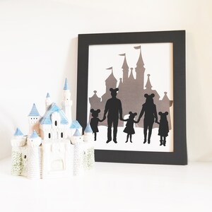 11x14 Custom Silhouette Portrait of 1-6 Full Body Children and Adults in front of a Castle with Mouse Ears. Magical Family Vacation.