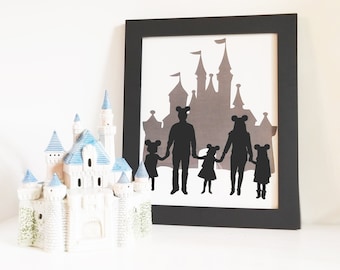 11x14 Custom Silhouette Portrait of 1-6 Full Body Children and Adults in front of a Castle with Mouse Ears. Magical Family Vacation.