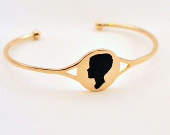 Bangle Bracelet with Custom Silhouette Portrait in Silver or Gold; Perfect Mother's Day Gift; Silhouette Jewelry