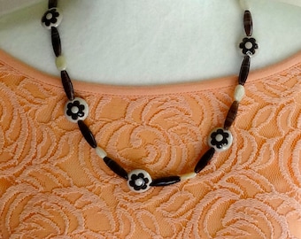 Smoky Topaz Beads, Floral Stoneware Beads and Vintage Creamy White Beads Necklace, One of a Kind Necklace, Ceramic Bead Necklace