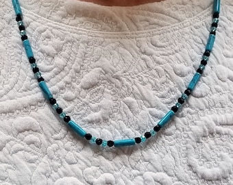 Turquoise Howlite Necklace, Vintage Black Glass Bead Necklace, Turquoise Crystal Bead Necklace, Layering Turquoise Necklace