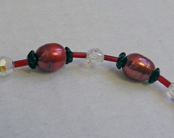 Red Freshwater Rice Pearls, Clear Swarovski Crystal Beads, Black Glass Beads and Red Seed Beads Necklace