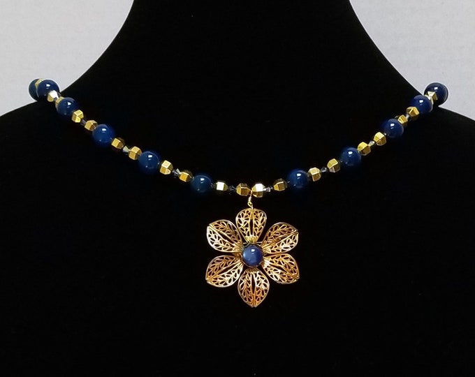 Featured listing image: Blue and Gold Bead Necklace, Vintage Gold Flower Pendant, Vintage Gold Flower Pin, Blue Glass Bead Necklace, Gold Metal Bead Necklace