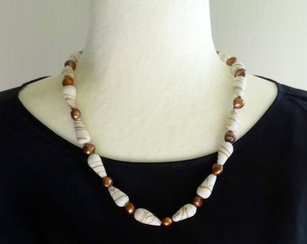 White Lampwork Glass Beads and Copper Freshwater Pearls Beaded Necklace, Fall Necklace, Autumn Necklace