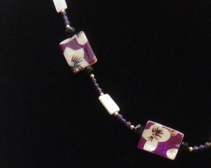 Featured listing image: Purple Floral Shell Beads, Mother of Pearl Beads, Amethyst Beads Necklace / Summer Necklace / Spring Necklace