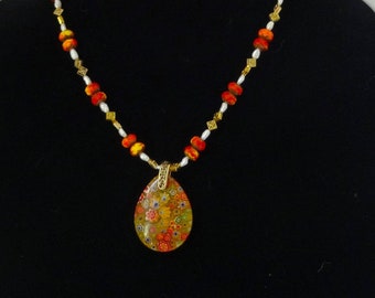 Freshwater White Rice Pearls, Czech Glass Beads, and Gold Beads Necklace, Floral Glass Pendant
