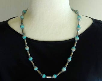 Teal Bead Necklace, White Glass Bead Necklace, Silver Tube Bead Necklace, Teal and Silver Bead Necklace