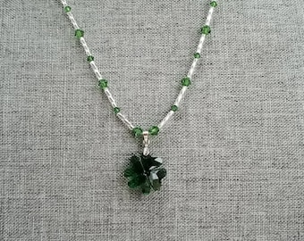 Green Glass Shamrock Pendant, Green Glass Clover Pendant, Green Swarovski Glass Necklace, Green Bead Necklace, St Patricks Day Necklace