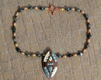 Green Jasper Beads, White Button Pearls, Bronze Czech Beads Necklace, Enamel Copper Pendant